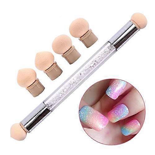 Nail Art Brush DualEnded Clear Rhinestone Handle with 4 Replaceable Gradient Sponge Heads