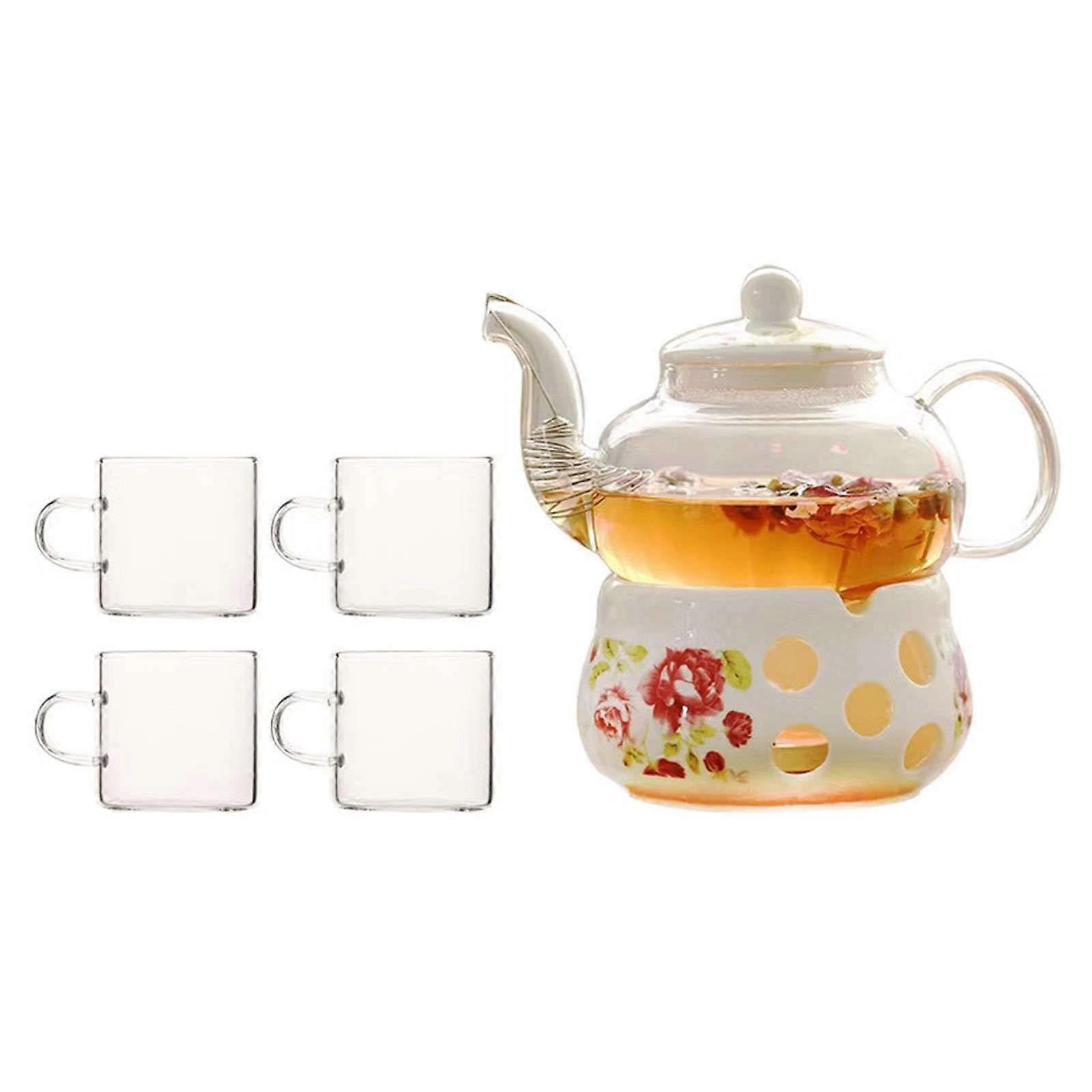 Ceramic Teapot Set with Infuser and Warmer Stand, Chinese Flower Design, Keeps Tea Warm