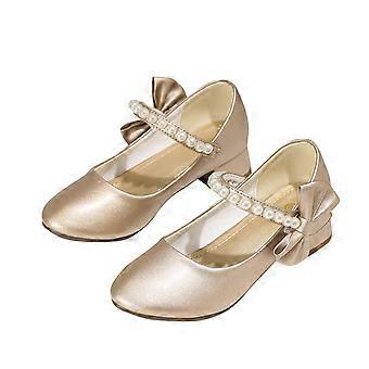 Girls Pearl Bow Heels Elegant Princess Dance Shoes for Kids,High Heel Leather Dress Shoes,Versatile Party and Performance Footwear(Gold,6 Years)