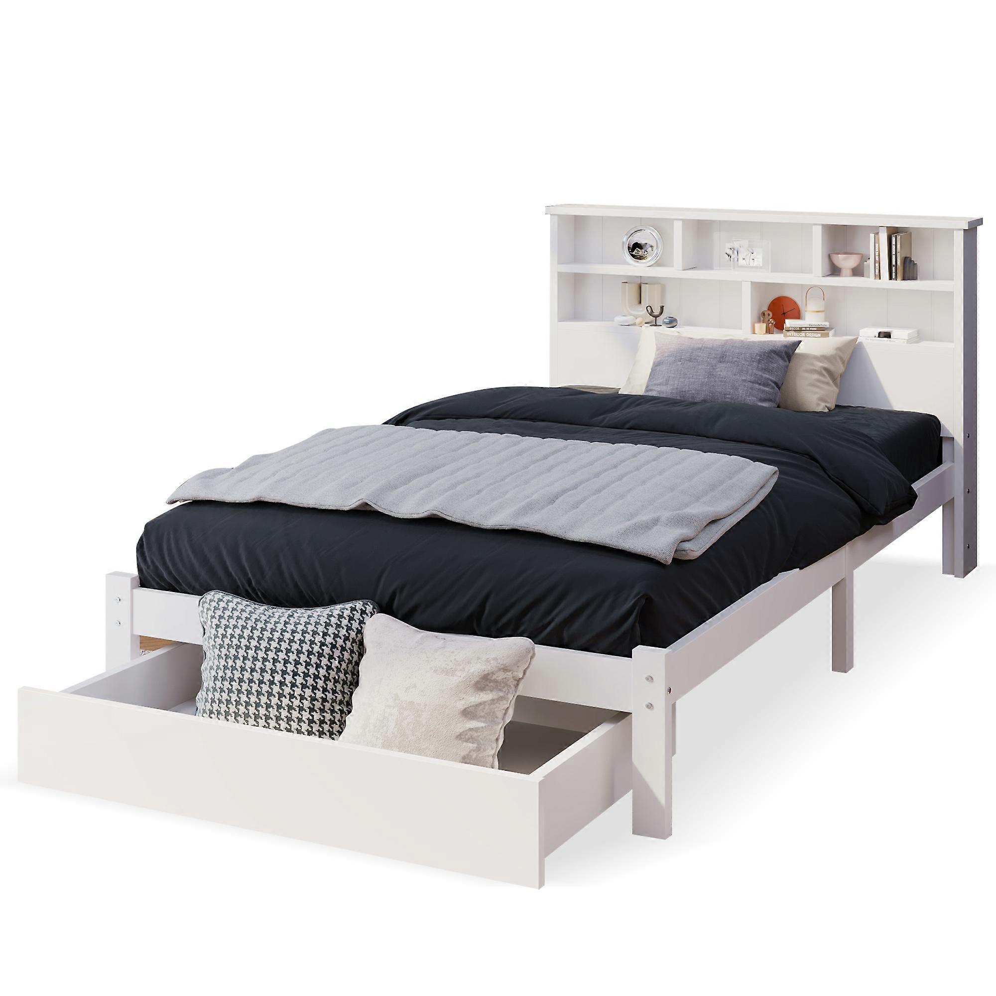 Solid Wood Bed Frame with Bookshelf Headboard & Under-Bed Storage Drawers