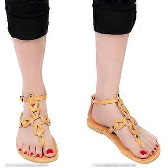 GAIA women's thong sandal with braided laces and ankle strap in natural coloured calfskin