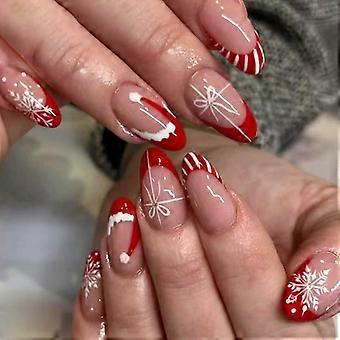 Festliga röda randiga glitter lösnaglar 24 st franska snöflingemönster hållbara lösnaglar för julevenemang
