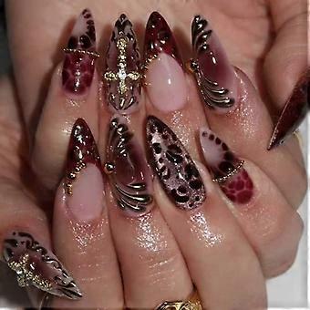 Highly Gloss Shining Press on False Nail with Leopard Print and Crosses French Nudes Pink Long Sparkles for Social