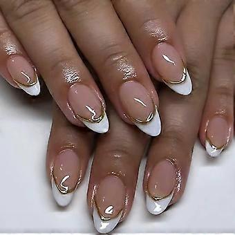 Medium Almond Press On Nails White and Gold French Tip Fake Nails Glossy Nude Acrylic 24pcs