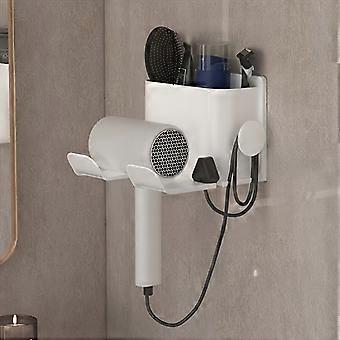 Wall-Mounted Hair Dryer Holder with Phone Stand, No-Drill Adhesive Mount, Space-Saving Bathroom Organizer, Easy Install