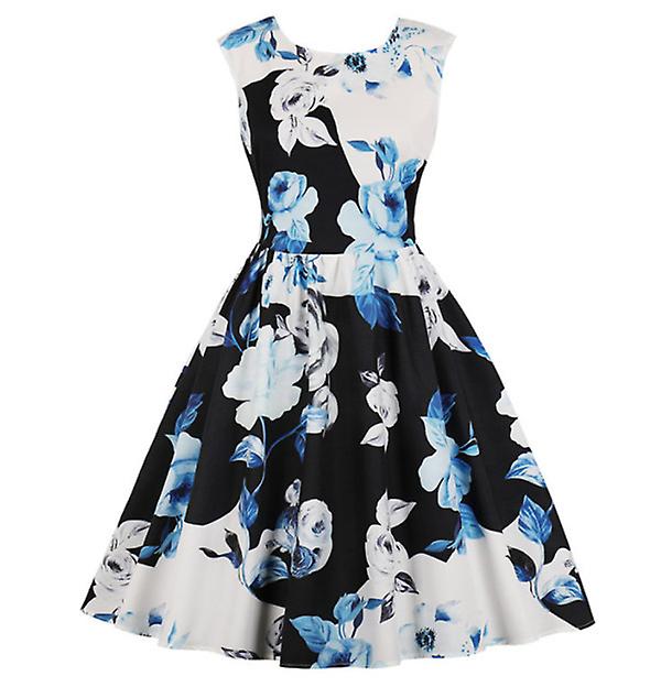 New Women's Retro Print Short-sleeved Fashion Outlet Hepburn Lace-up Dress Swing Skirt