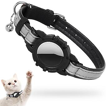 Reflective AirTag Cat Collar, Leather GPS Cat Collar with AirTag Holder and Bell [Black], Tracker Cat Collars for Girl Boy Cats