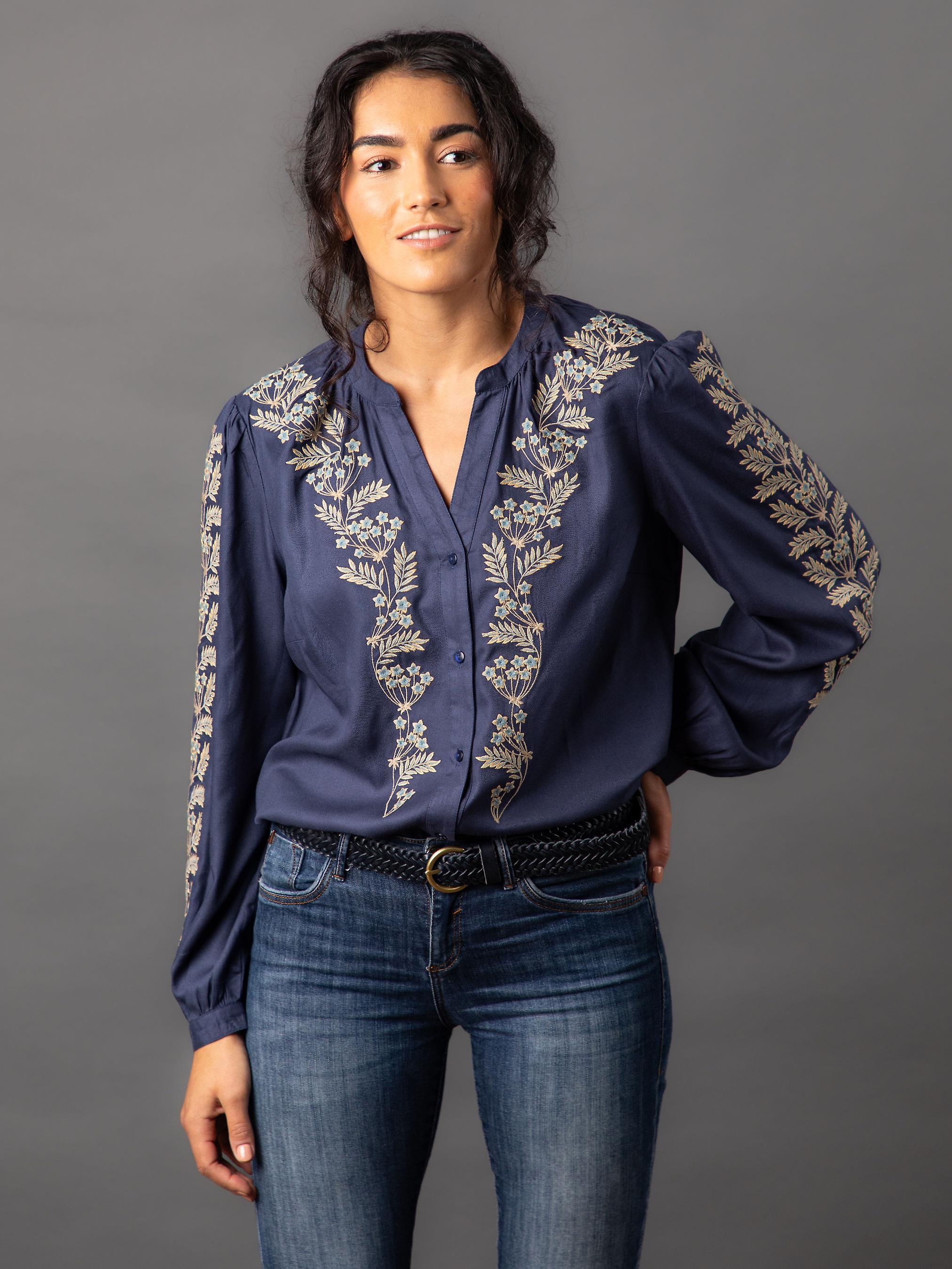 Kristen Embroidered Leaf Blouse in Blue