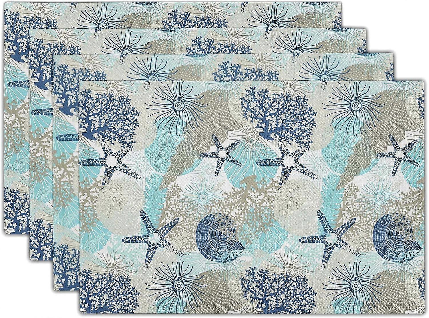 Nautical Coastal Linen Placemats Set of 4 Beach Ocean Themed Non Slip Heat-Resistant Washable Table Place Mats Starfish Seashell Tablemats for Kitchen