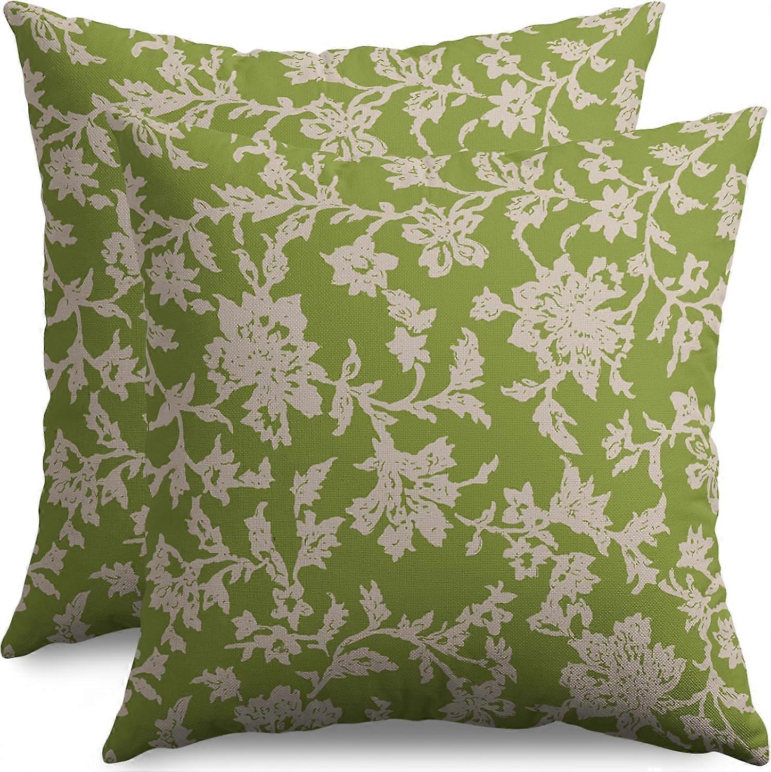 ヴィンテージフローラルブロックプリント枕カバー16x16ライムグリーンブラウンクリームフラワーパターン2個セット素朴な古いスタイルの装飾的なスロー枕ケース屋外F