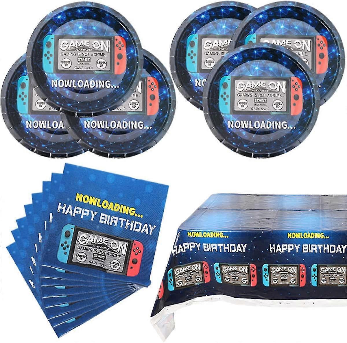 Video Game Party Supplies Set, 20 Plates + 20 Paper Towels + Tablecloth, Switch Theme Party Supplies