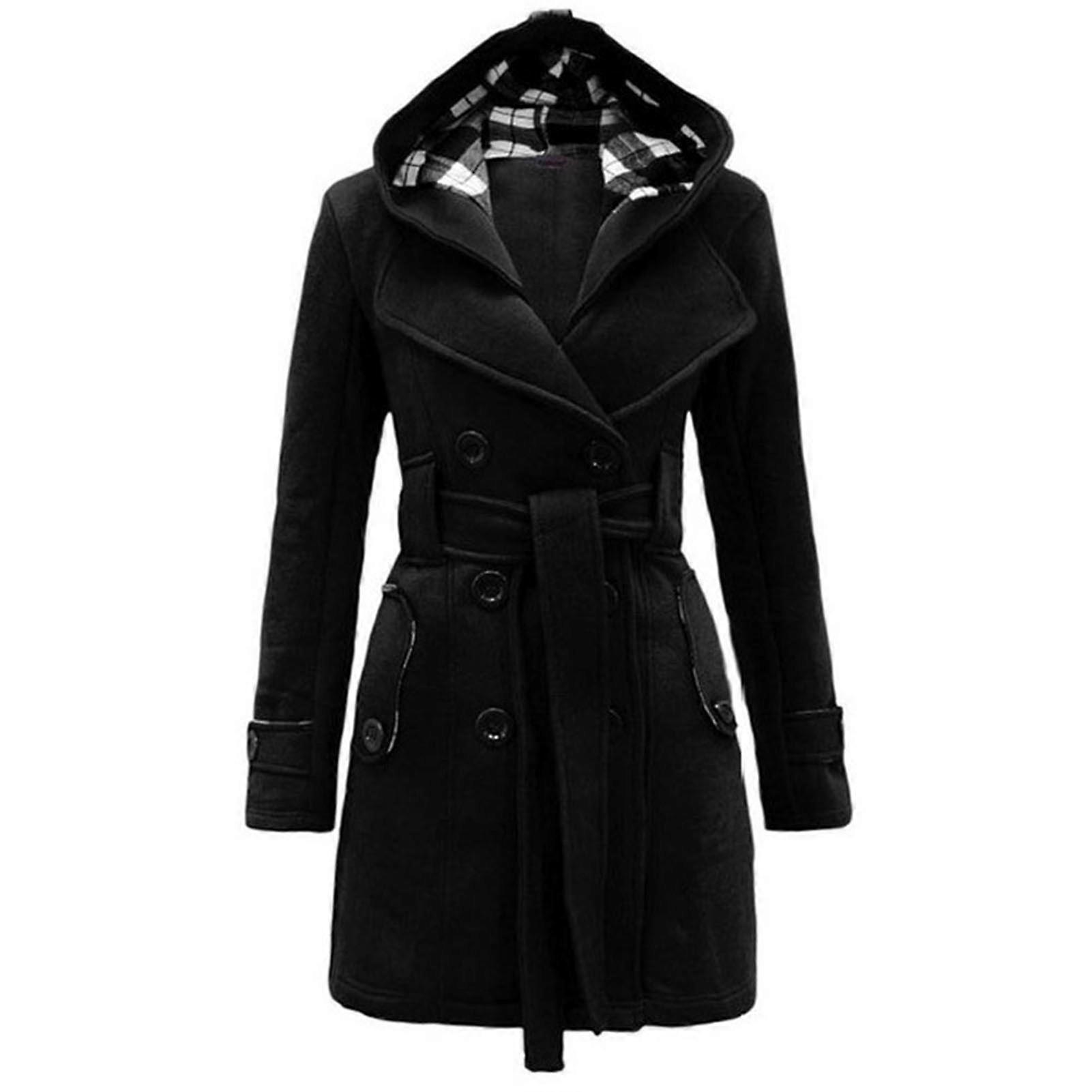 Women\'s Hoodie Pea Coat Double Breasted Winter Felt Long Jacket