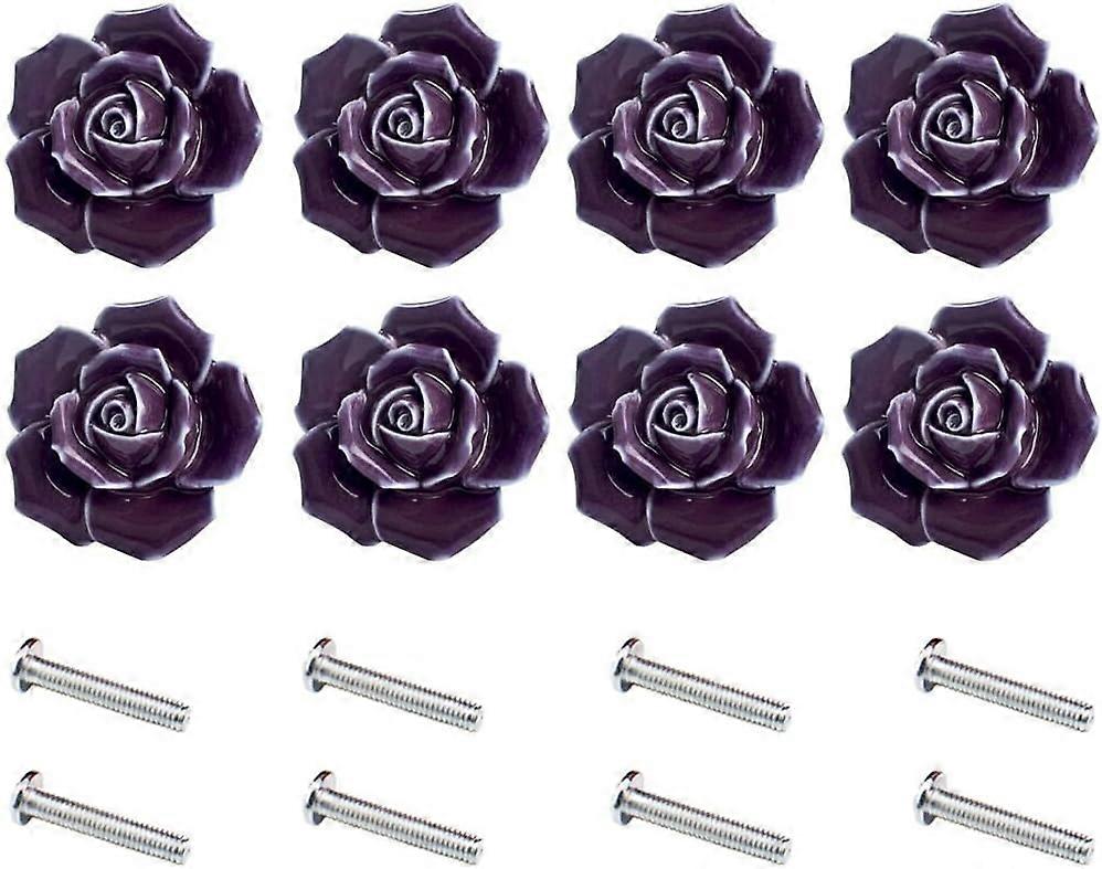 8pcs Elegant Purple Rose Pulls Flower Ceramic Cabinet Knobs Cupboard Drawer Pull Handles