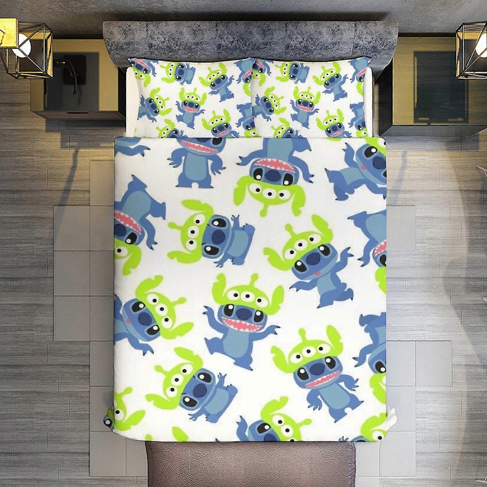 v3648 Lençóis de Cama Cute Stitch 3 Peças Conjunto de Capa de Edredom Tamanho Completo Super Macio Resistente ao Desbotamento Microfibra 1 Capa com Zíper e 2 Fronhas,Ea