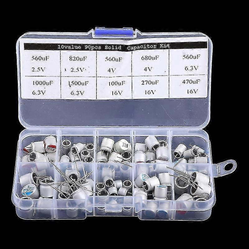 90 Pcs 10 Values Solid Capacitor Assorted Kit 2.5v-16v 100uf-1500uf With Box