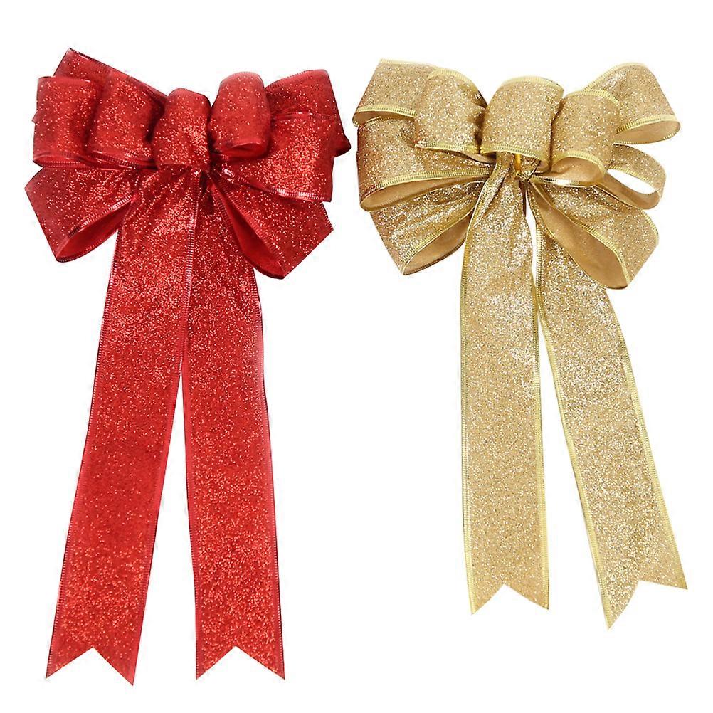 1 Pair Small Size Christmas Tree Decorative Bowknots Red Golden Silk Ribbons