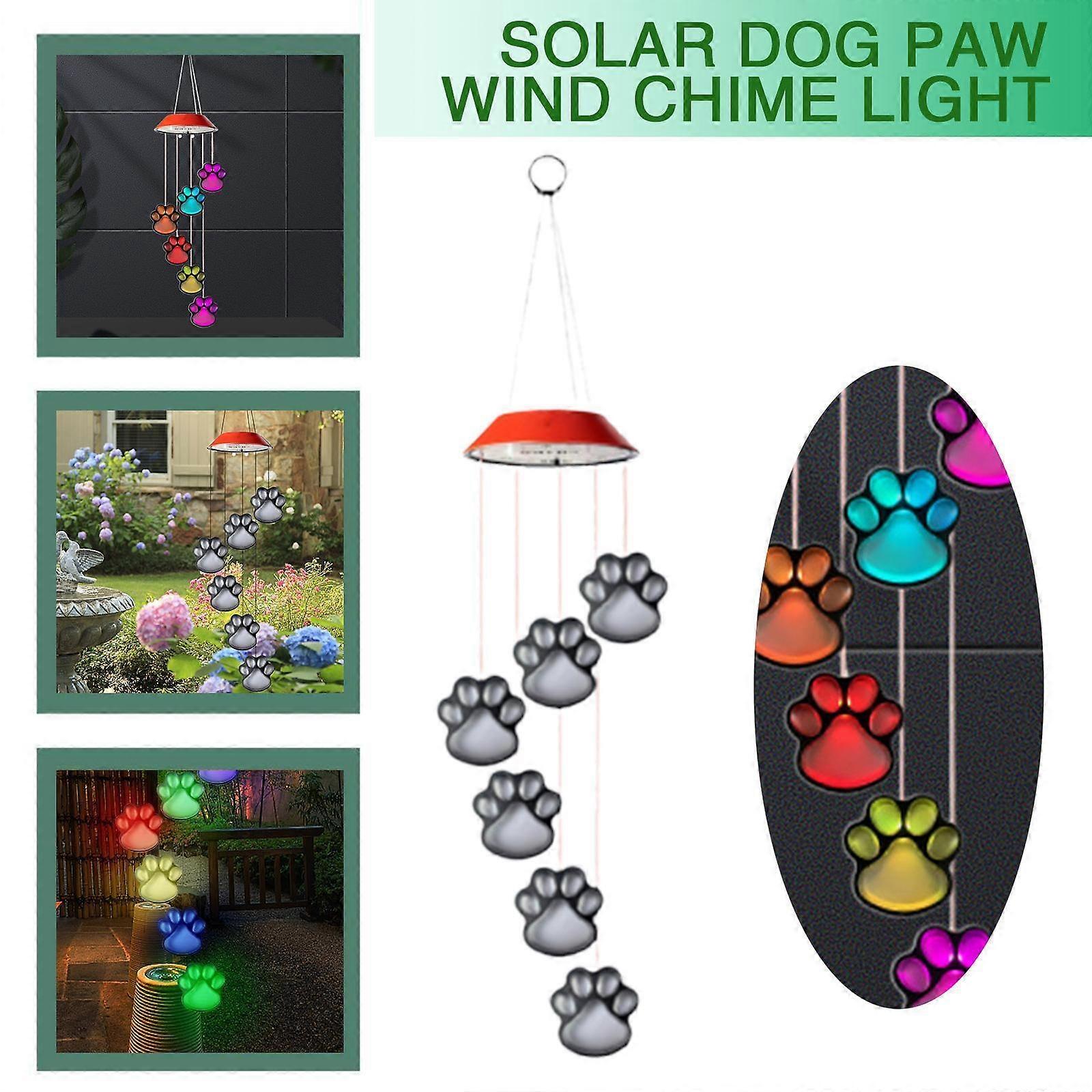 Solar Powered Dog Paw Light Wind Chimes Lamp Color Changing Home Garden Yard NEW