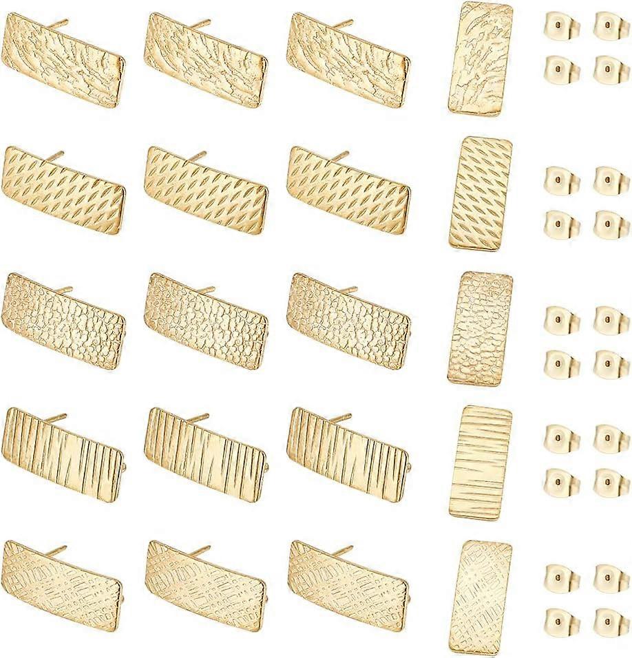 20Pcs 5 Style Ion Plating Stainless Steel Textured Rectangle Stud Earring Finding with Vertical Loops Metal Golden Earrings Posts with Ear Nuts for Ea