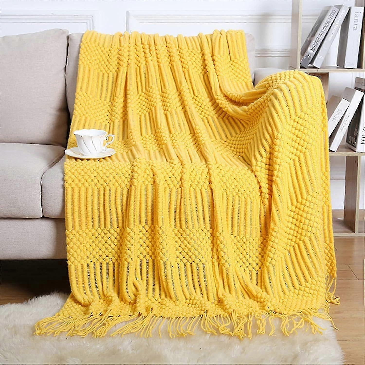 Bed Throw Blanket Knit Blankets Throw Blanket Couch Soft Warm Textured Decorative Blanket with Tassels for Couch Sofa and Bed (Yellow, 50x68inch)