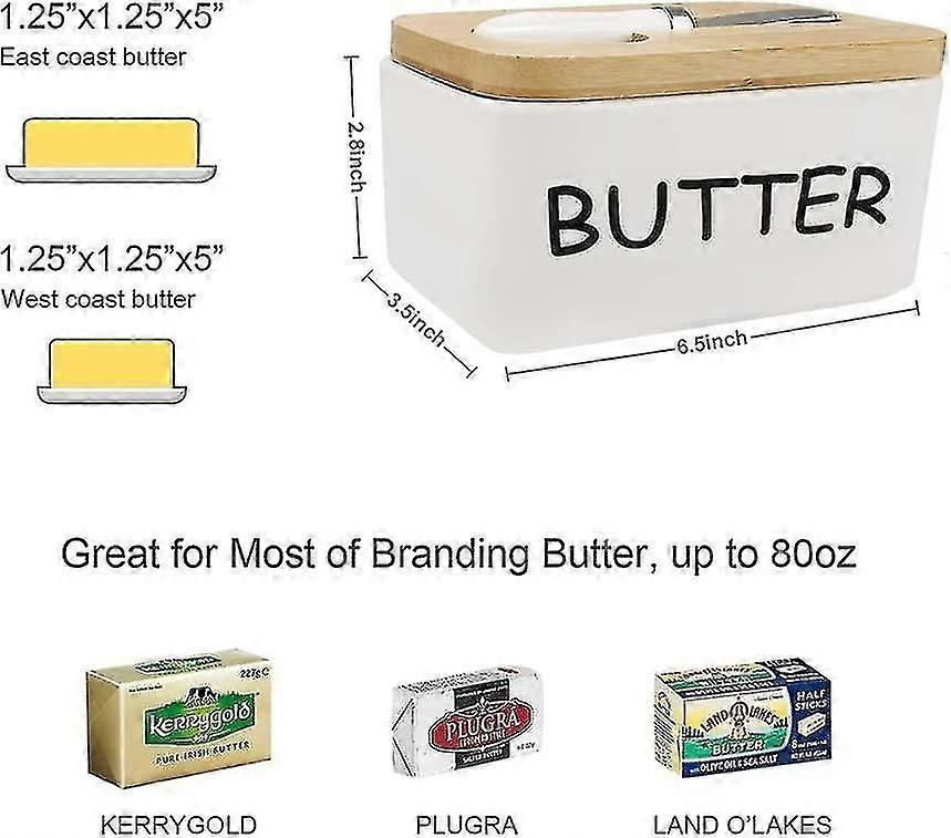Porcelain Butter Dish With Bamboo Lid And Knife Airtight Silicone Sealing Butter Container Is Good For Kitchen, Baking And Gift