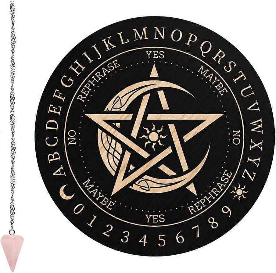 Pendulum Board Pentagram Dowsing Divination Metaphysical Message Board 7.9Inch Wooden Carven Board with Rose Quartz Crystal Dowsing Pendulum Witchcraf