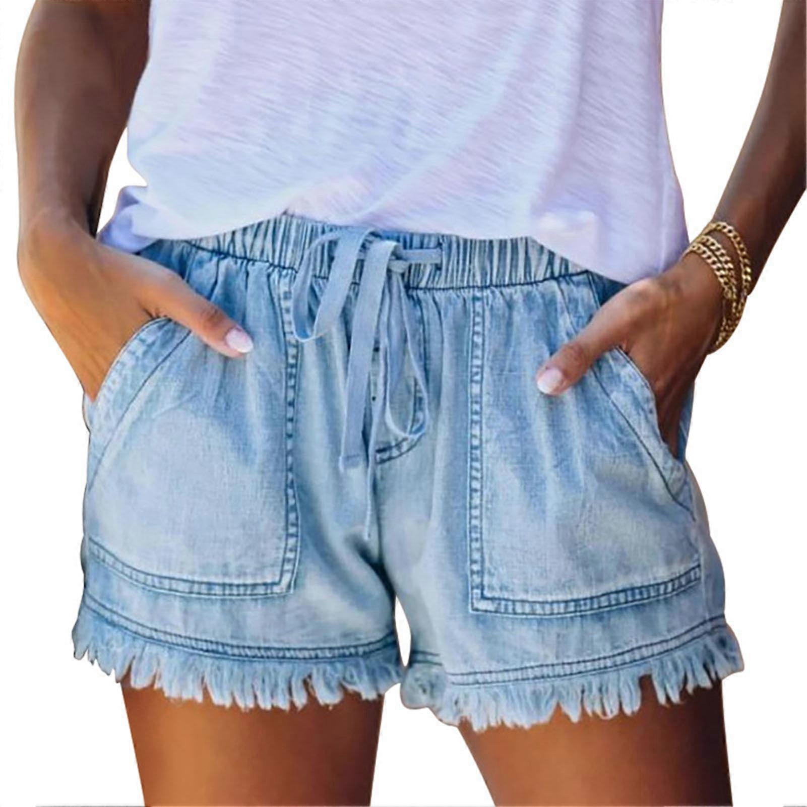 Women Shorts Tassel Hem Elastic Drawstring Waist Large Pockets Pure Color Casual Summer Shorts Light Blue 2XL