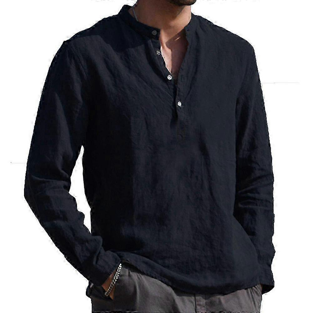 Men's Collarless Long Sleeve T-Shirt Button Pullover Casual Top