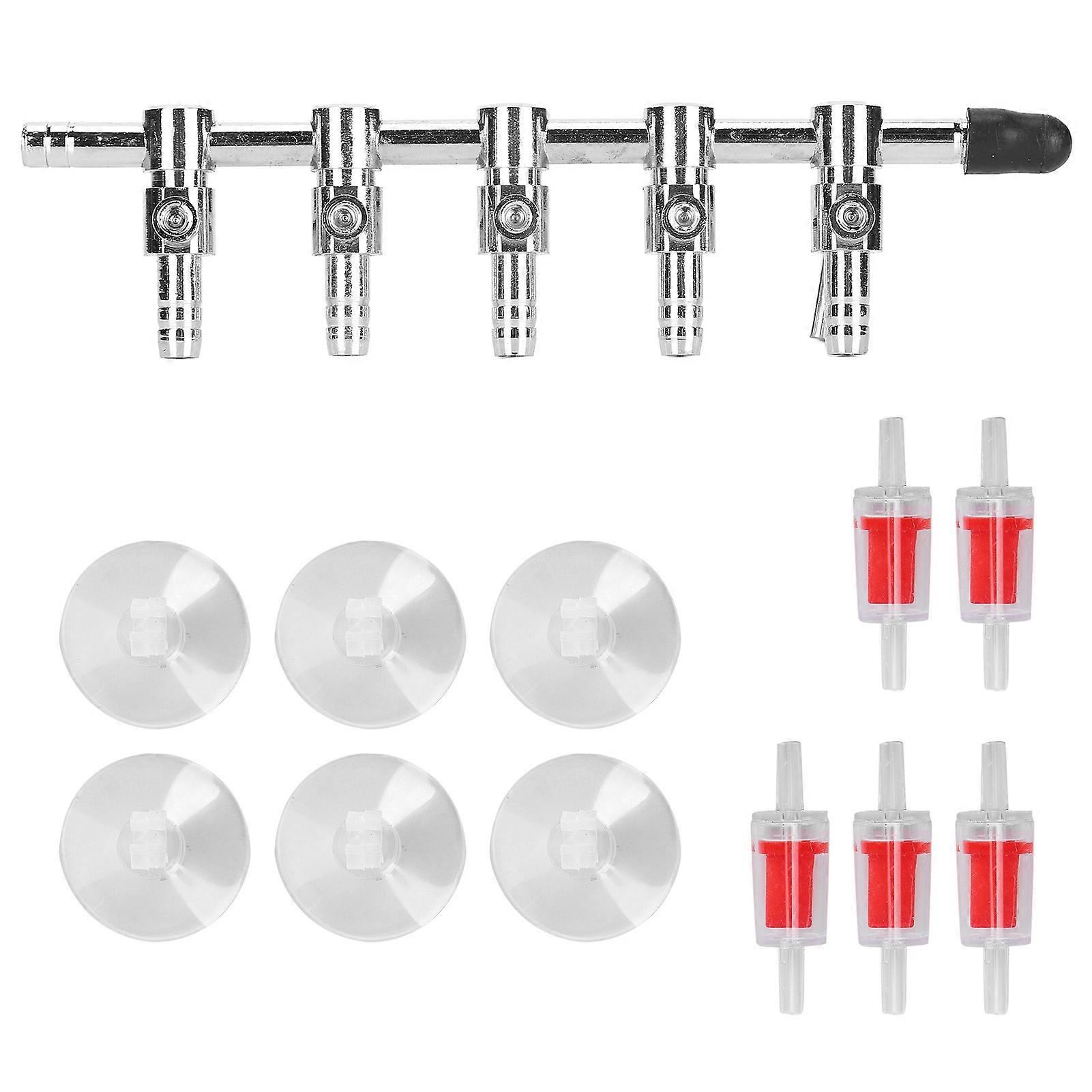 Aquarium Pump 5-Way Air Flow Control Lever Valve PJ0001 with Check Valves and Suction Cups Accessory Set