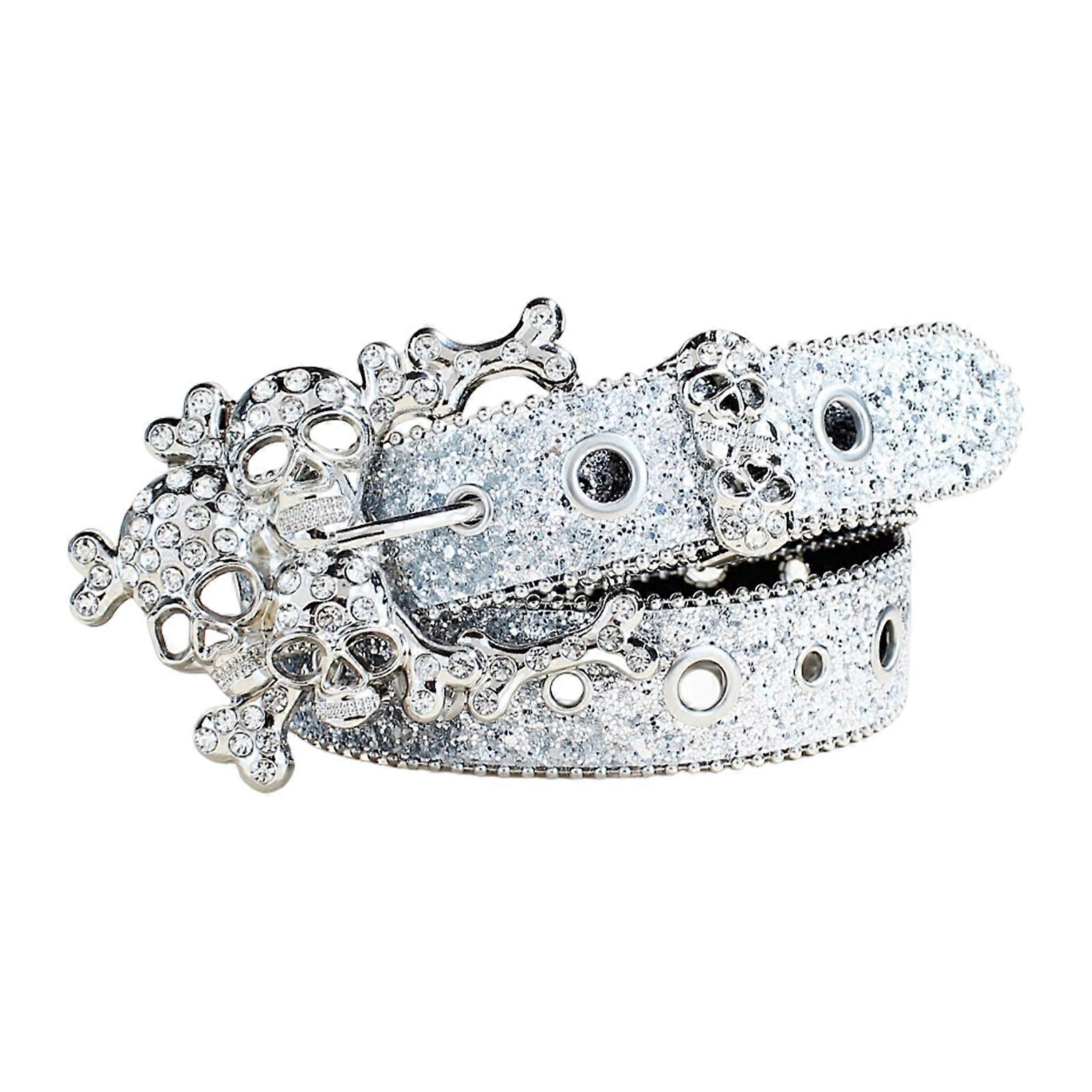 Pantolon ve Elbiseler için Parıldayan Yapay Elmaslı Kafatası Tokalı Bel Kemeri Punk PU Deri Günlük Kullanım İçin Bel Aksesuarları Gümüş