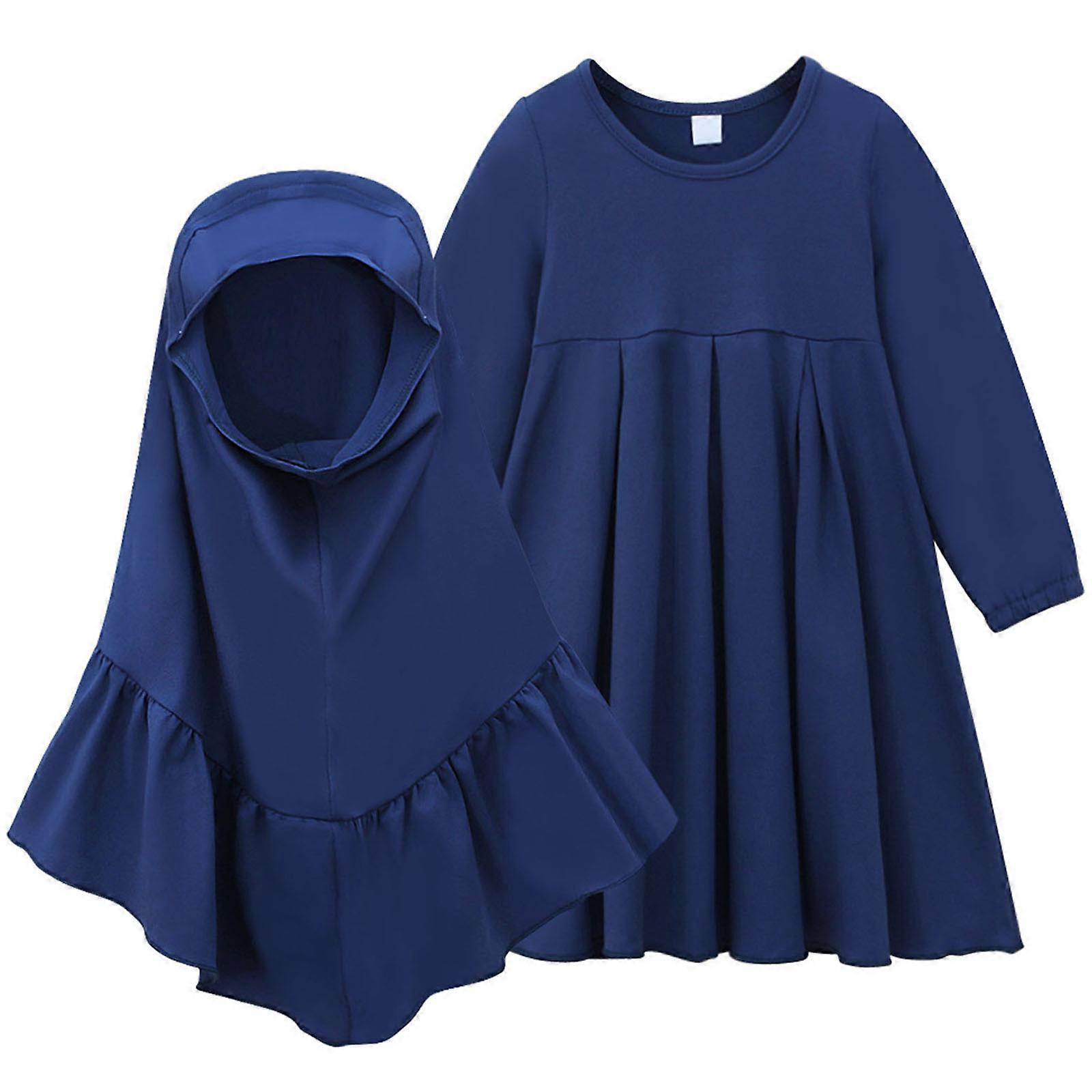 Filles Robe de prière à manches longues Robe Enfants Vêtements de prière avec Hijab long Couleur unie Robe Vêtements islamiques Bleu 130 yards