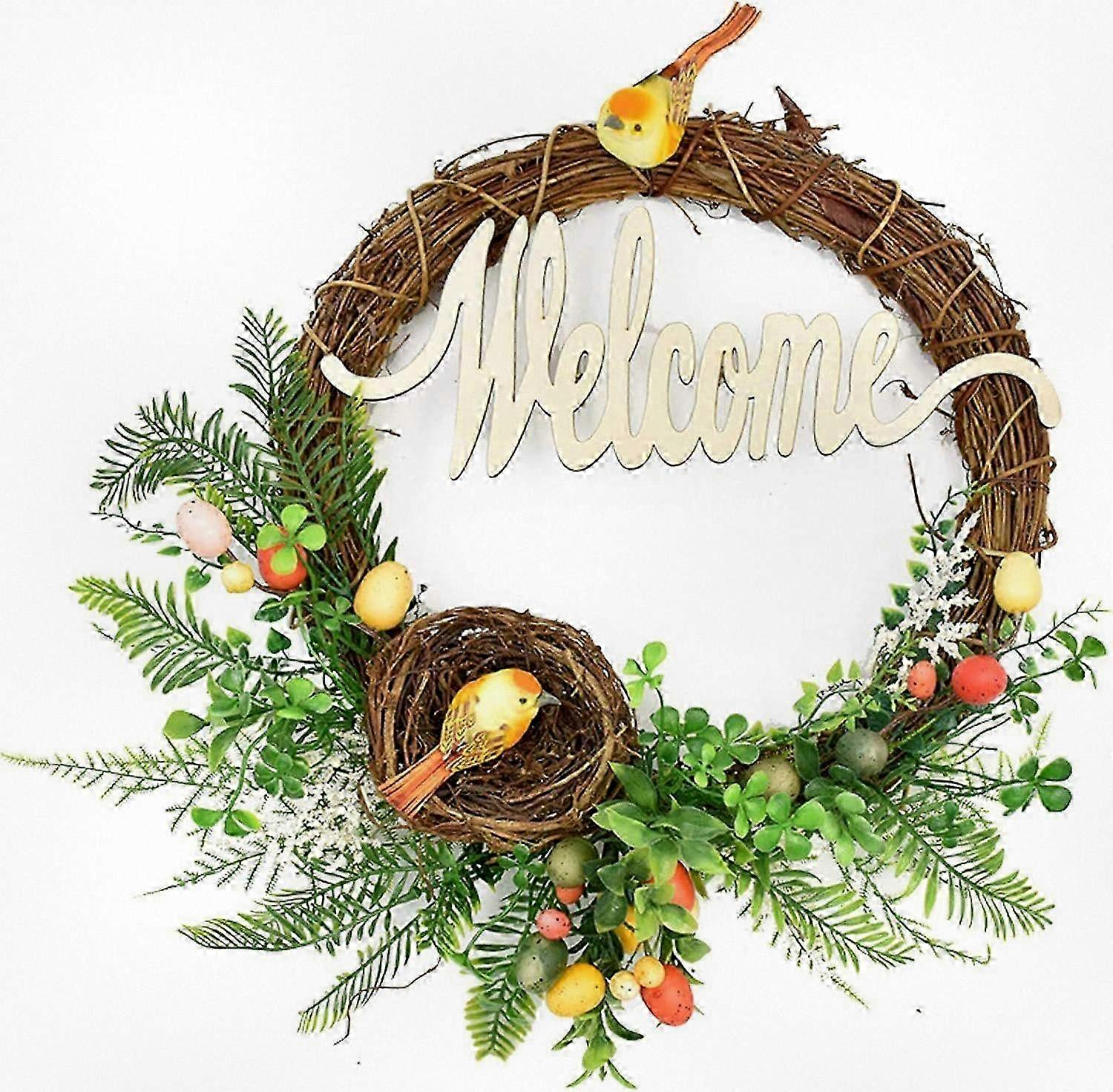 17 Inch Faux Greenery Wreath Featuring Nest Accents and Decorative Eggs, Seasonal Door Hanger for Spring and Summer