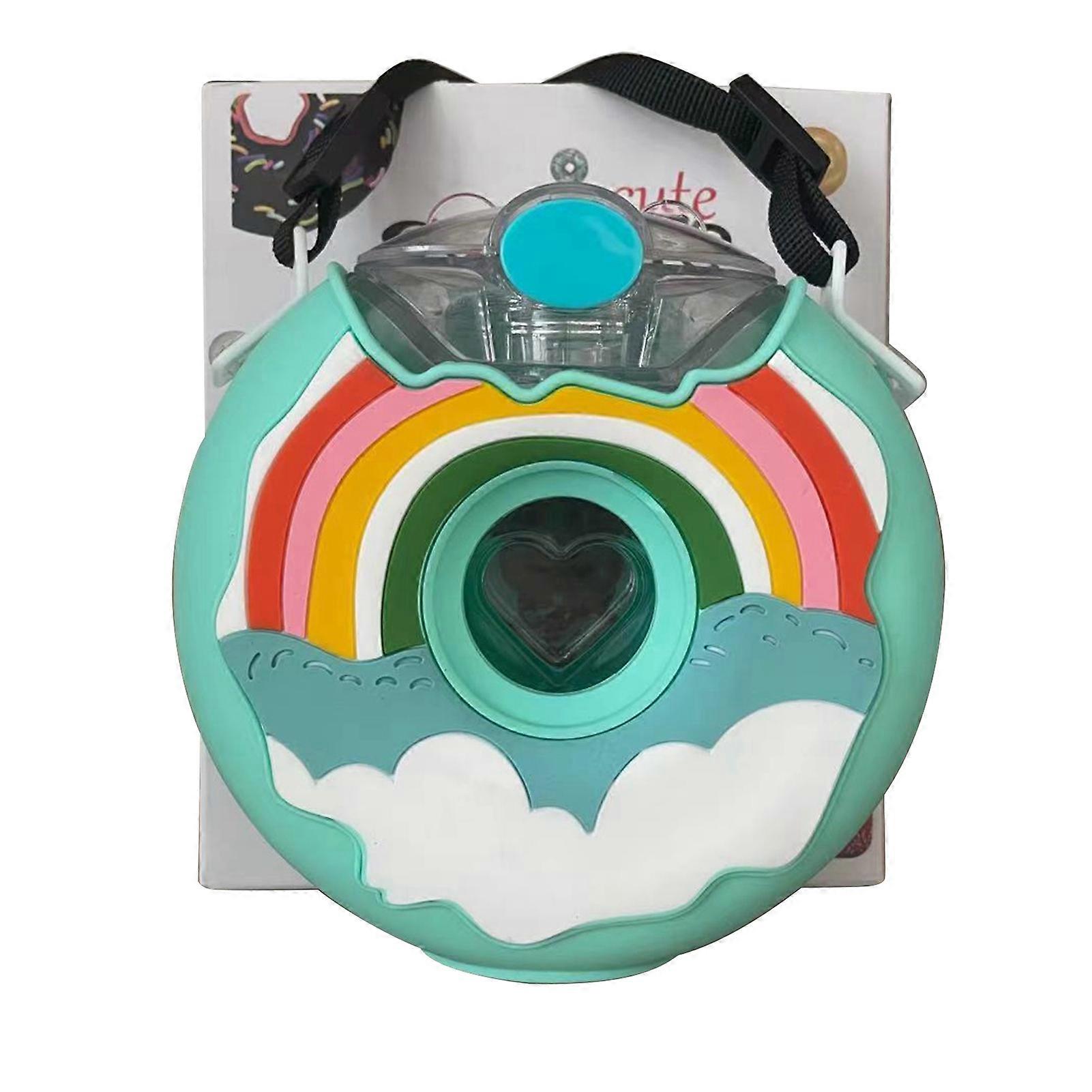 380ml Donut Bottle, Cute, Leak-Proof, Portable, BPA-Free, PC Silicone 145 x 145mm, with Strap for Travel, Rainbow Blue
