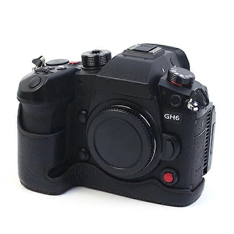 Kompatibilis a Panasonic LUMIX GH6 / DC-GH6GK valódi bőr fényképezőgép alsó tokkal védő fél testfedél akkumulátornyitással