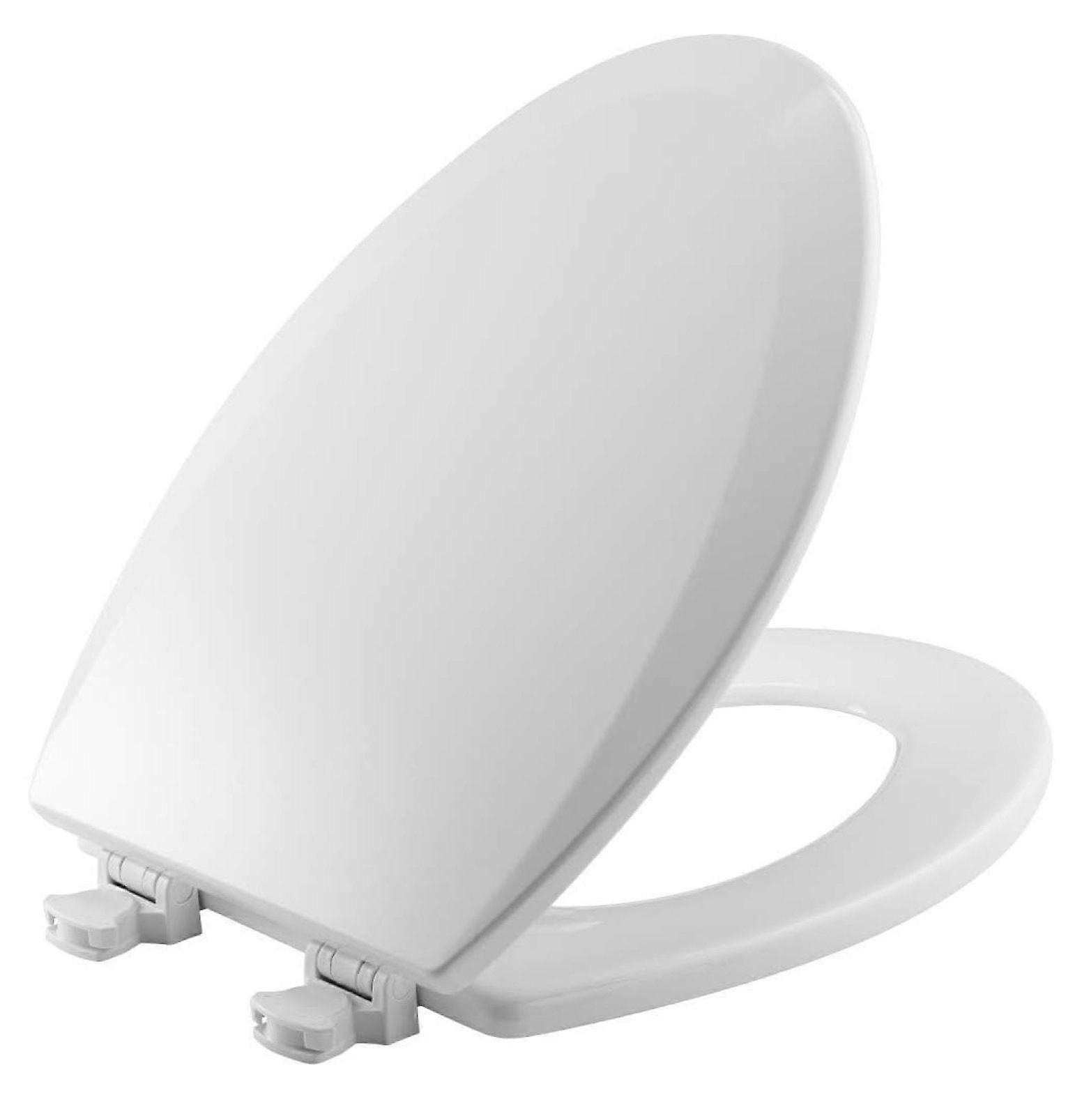Toilet seat with easy-to-clean and replace hinges, extended length, durable enameled wood, white