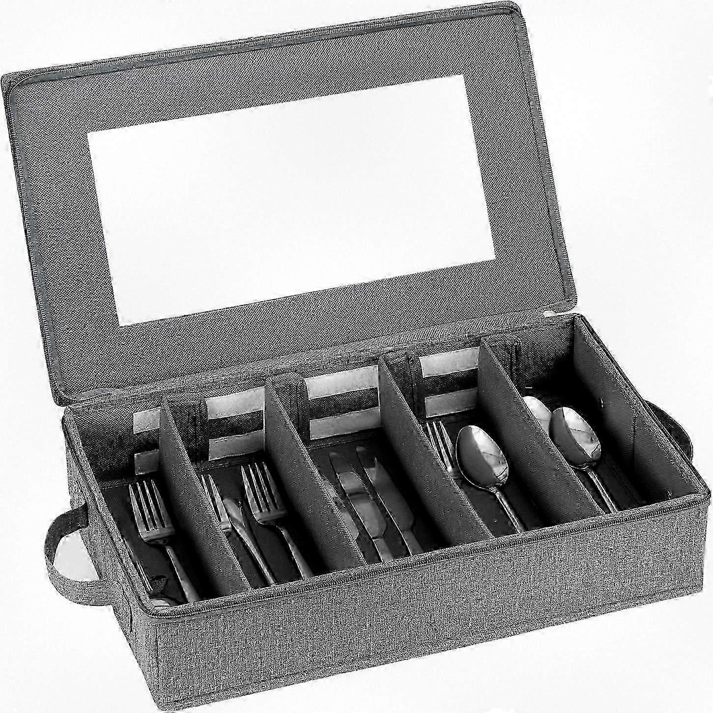 Storage Case for Flatware Utensils, Adjustable Divider Silverware Container with Zippered Lid, Large Capacity Gray Box for Home Organization