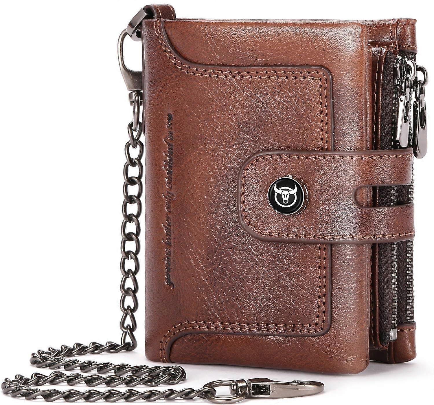 Bifold Mens Wallet with Chain Leather RFID Blocking Wallets Removable Zipper Coin Purse with ID Window (brown)