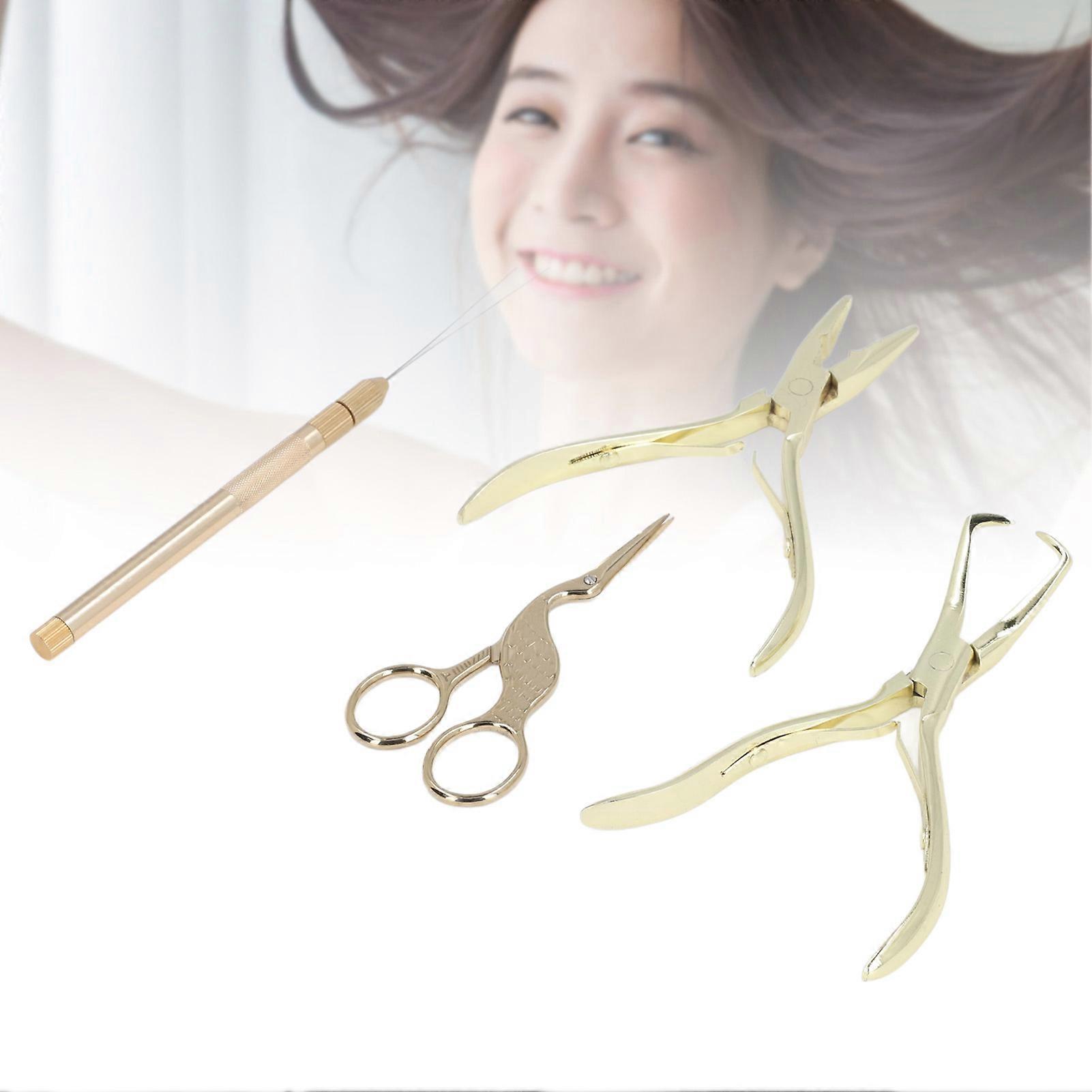 4pcs Hair Extension Tools with Pliers Wire Loop Beading Hook Needle Small Scissors Storage Bag Professional Microlink Tool Kit Gold 