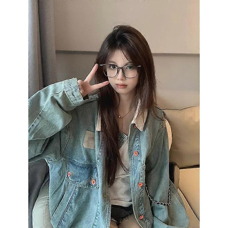 Hong Kong Style Retro Splicing Denim Jacket Women's Spring and Autumn Corduroy Loose Jacket Tops