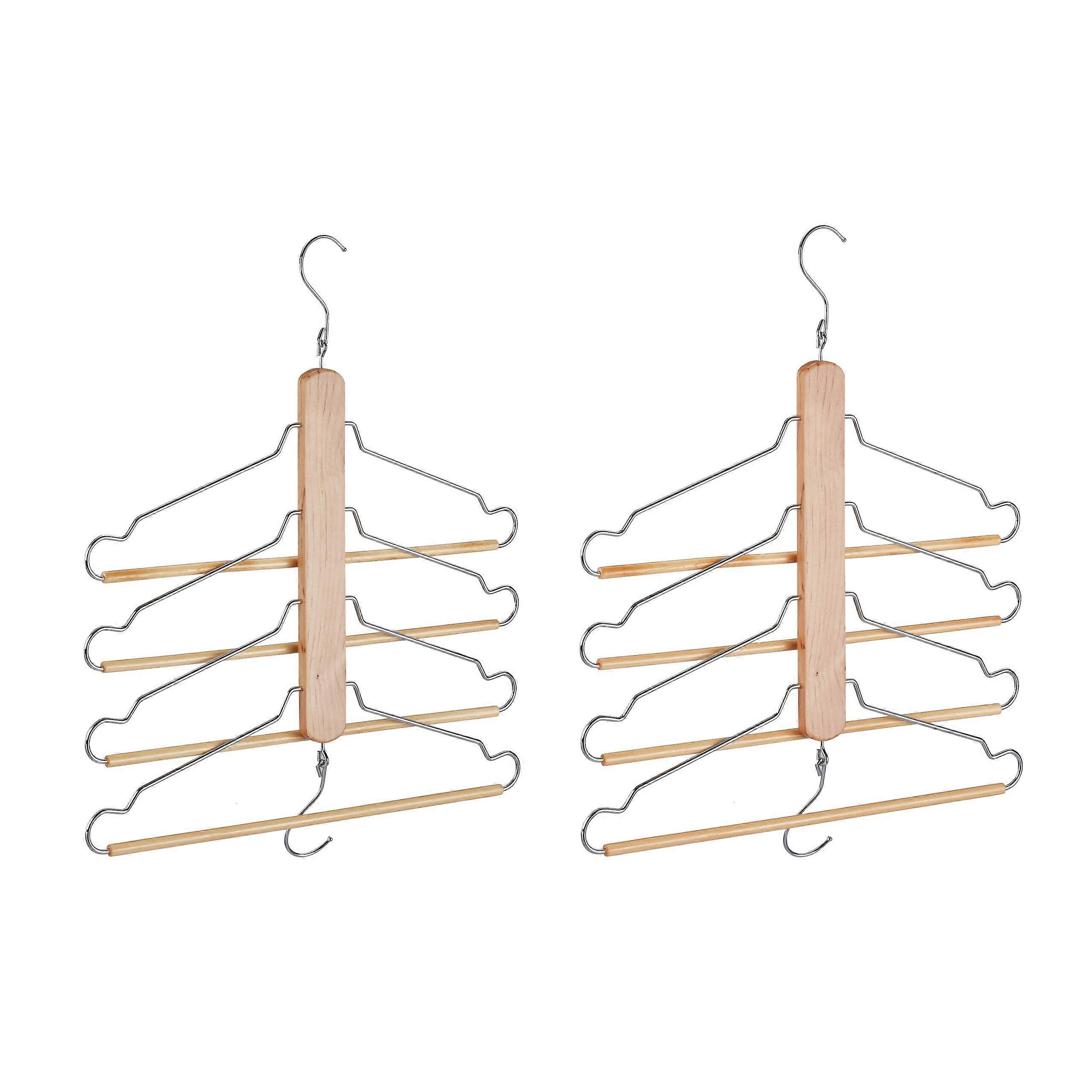 Multi Clothes Hangers, Set of 2, SpaceSaving, 4 Hangers with Trouser Bar, Wood, Metal, MultiHanger, Natural/Silver 2er Set