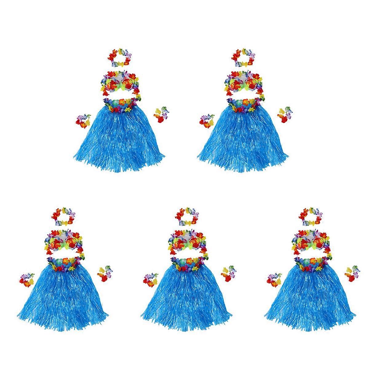 6 Set Hawaiian Grass Skirt flower Hula Lei Wristband Dress Blue