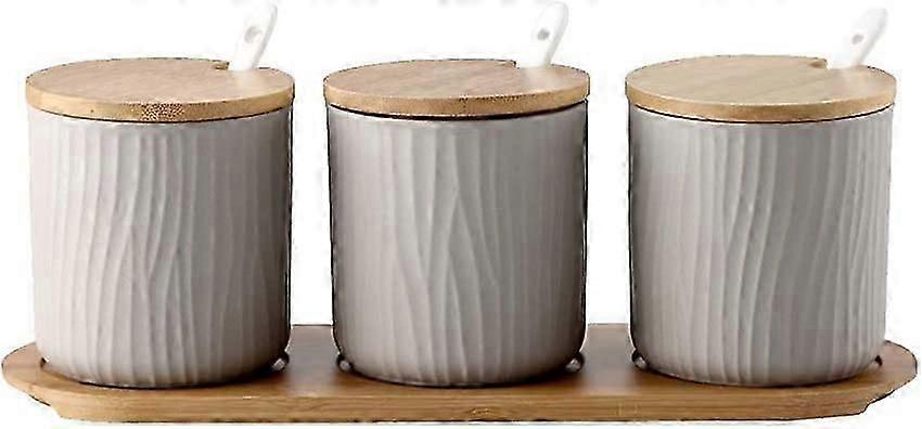 Elegant Ceramic Condiment Jar & Wooden Tray Set