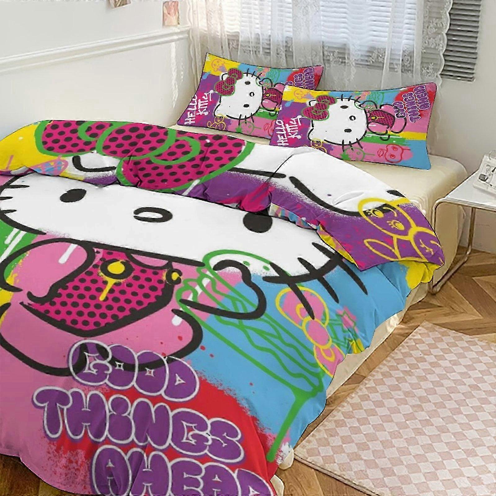 Bedding Set for Kids - 3 Piece Watercolour Cartoon Design with 1 Flat Sheet and 2 Pillowcases