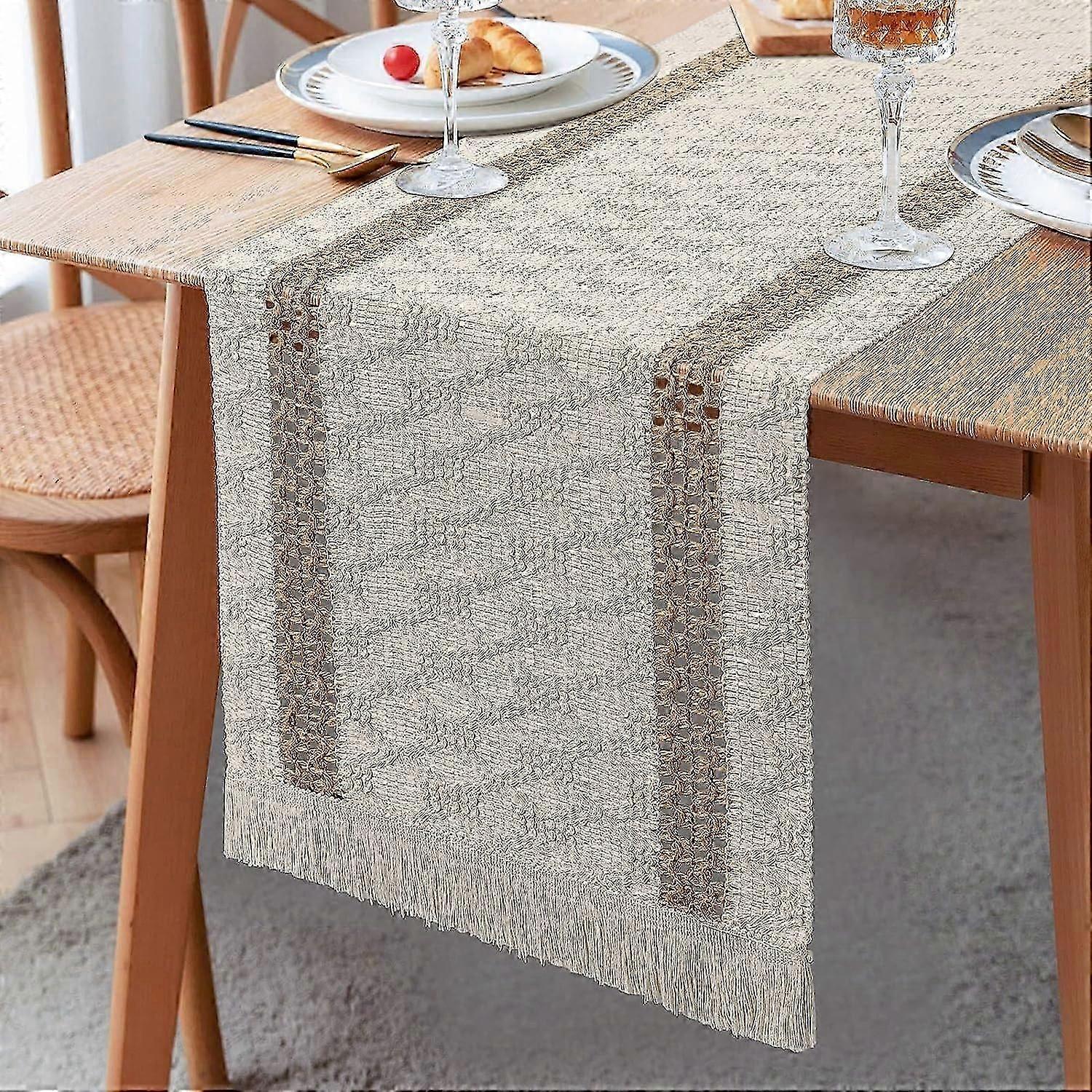 Elegant Beige Macrame Table Runner with Tassels - Rustic Dining Decor