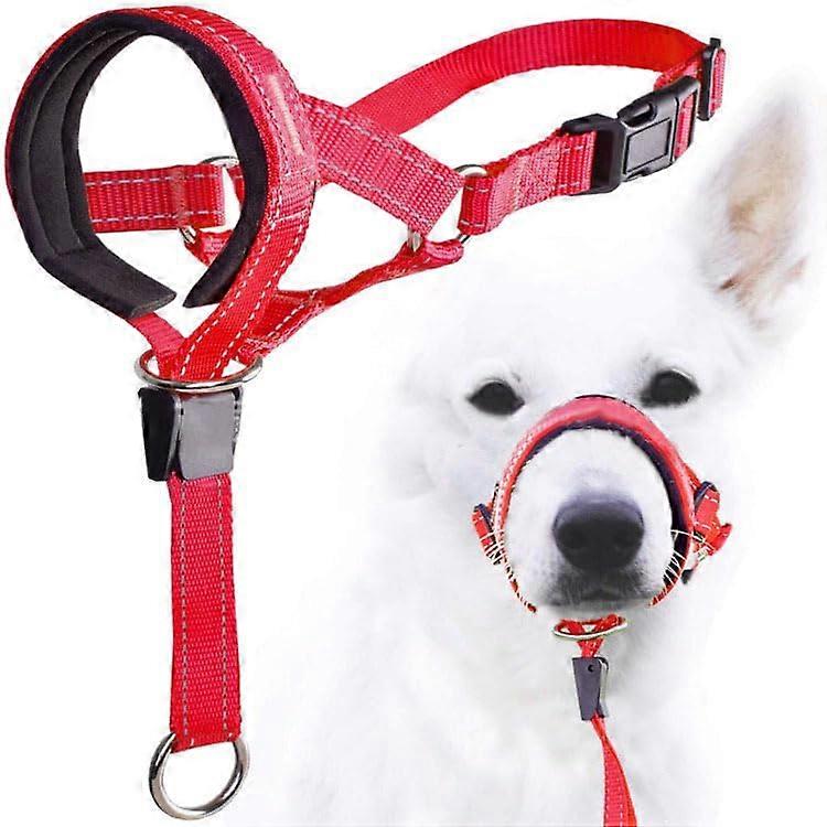 Dog Head Halter with Safety Belt, Adjustable Padded Collar for Small, Medium, Large Dogs, Red, Size L, Prevents Pulling