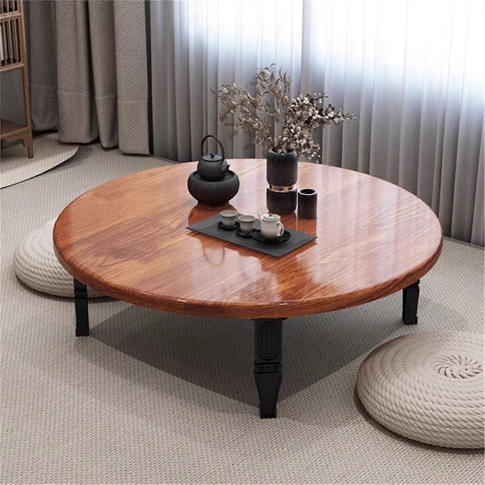 Japanese Round Folding Floor Table Small 60cm Low Tea Table Brown