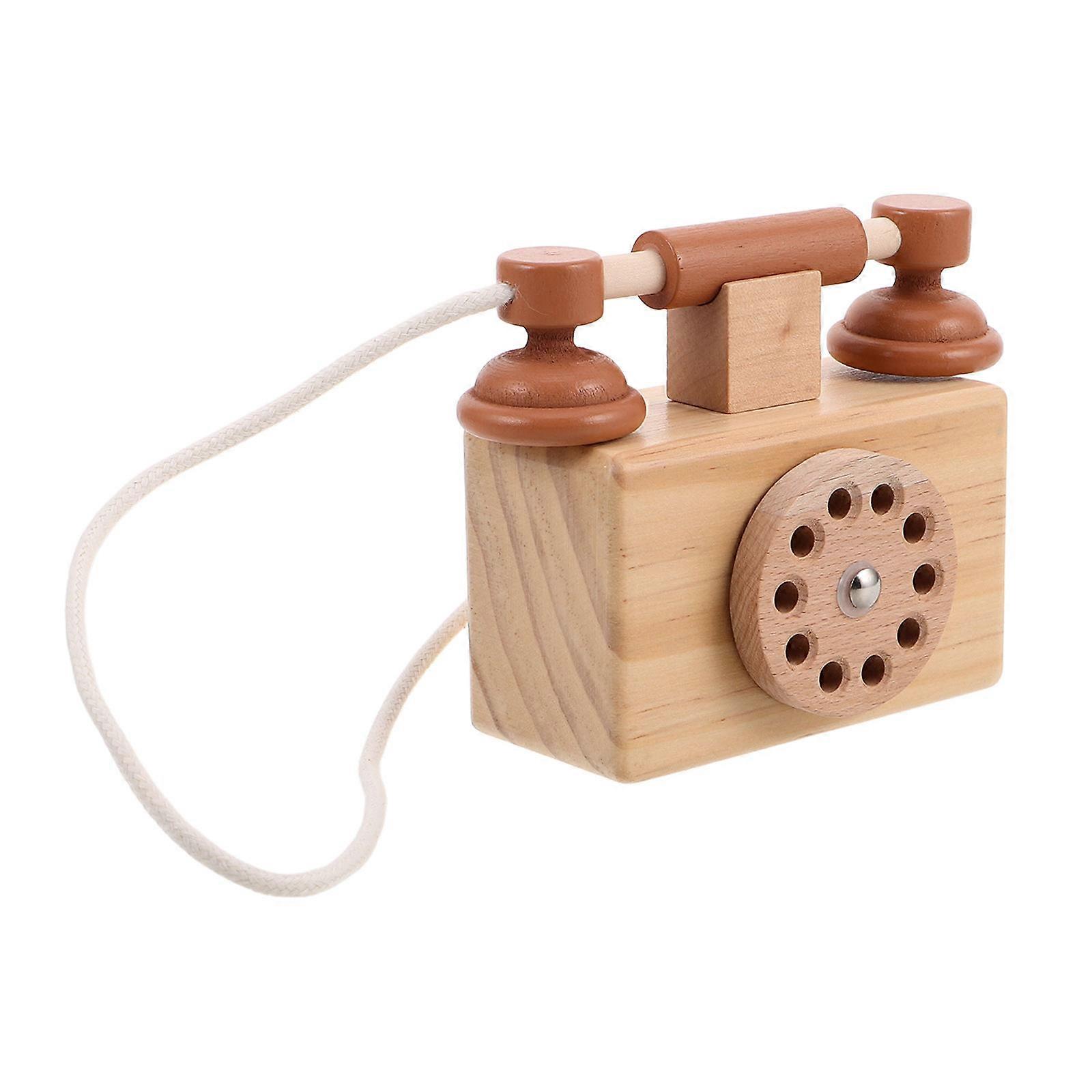 Retro Rotary Dial Telephone Wooden Role Play Toy For Kids Toddlers Vintage Design Pretend Phone Calls 1Set