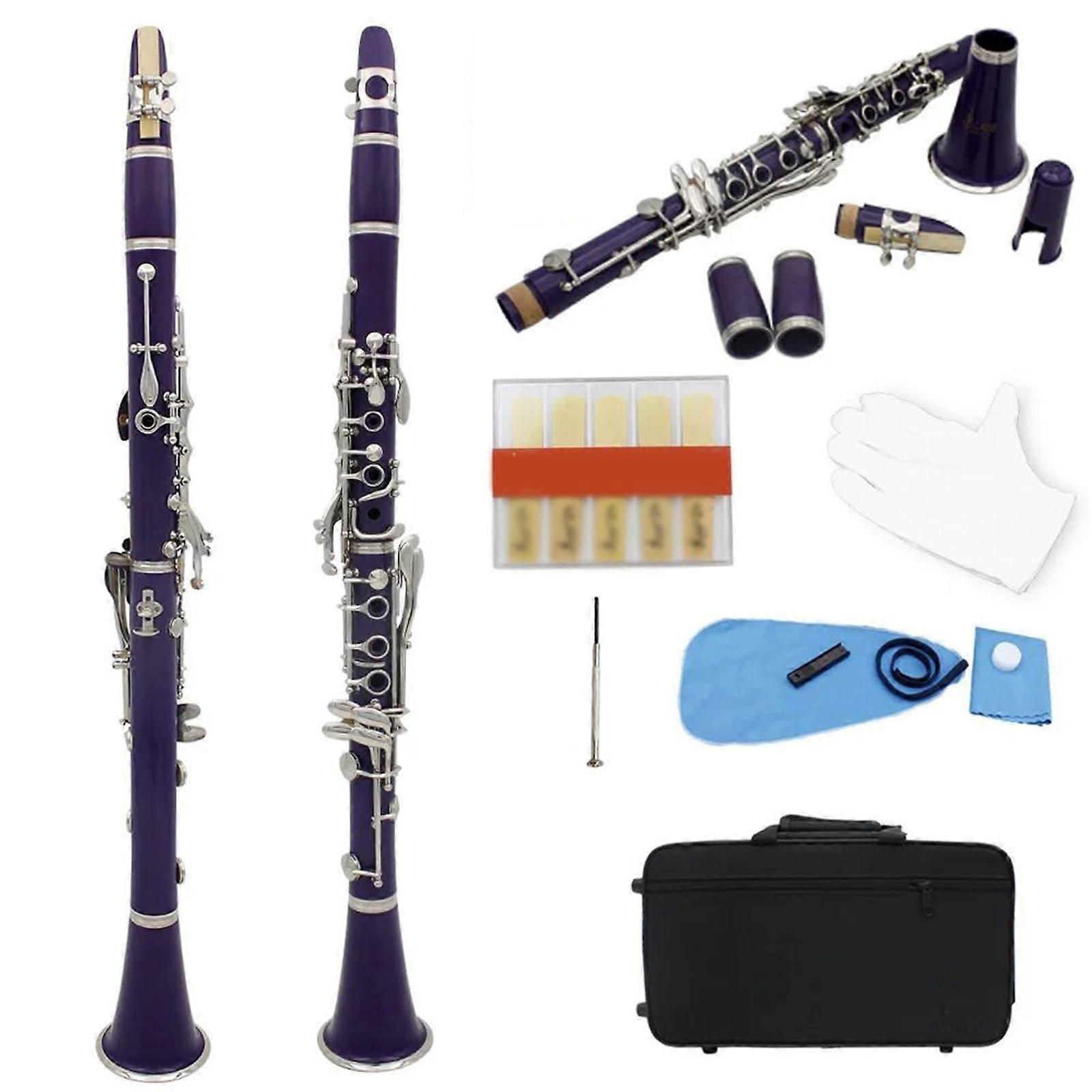 Clarinet Bb Beginner 17 Keys 6 Rings Purple Bakelite Portable With Accessories For Woodwind Instruments