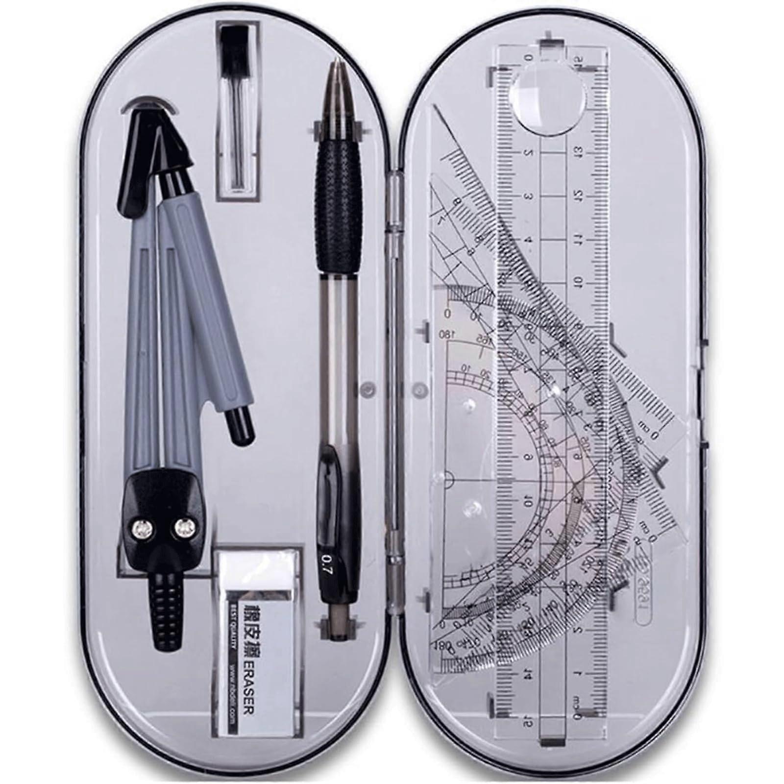Mathematics Compass Set, 8-Piece Geometry Kit, Durable Plastic, Includes Mechanical Pencil, Triangles, Protractor, and Eraser
