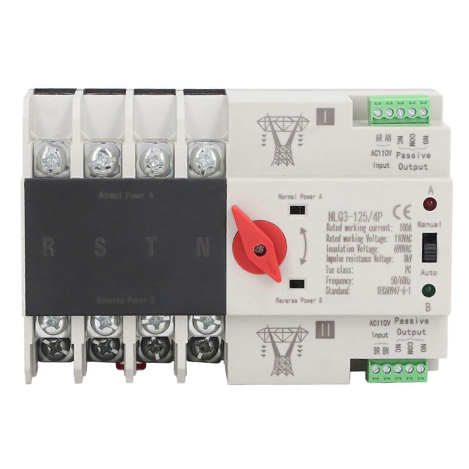 Dual Power Automatic Transfer Switch 4P Millisecond Fast Switching Controller AC110V 100A Mains Type 