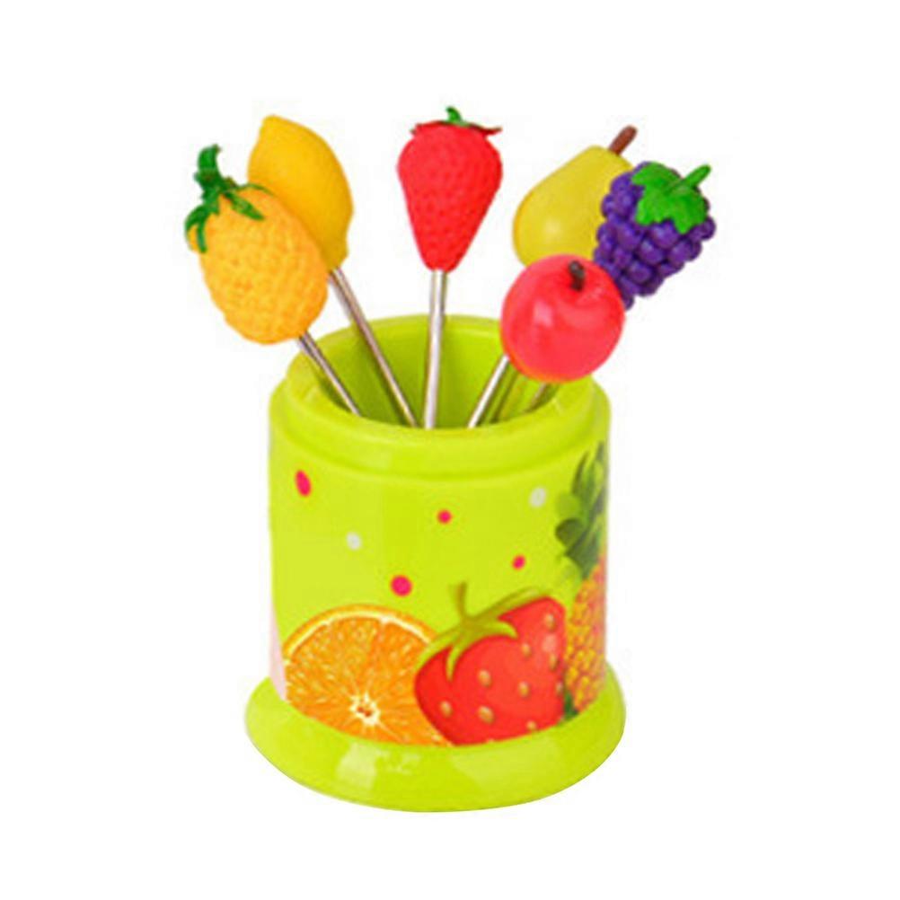 Stainless Steel Fruit Fork Set with PP Material for Kitchen Use Green Color 6 Pieces